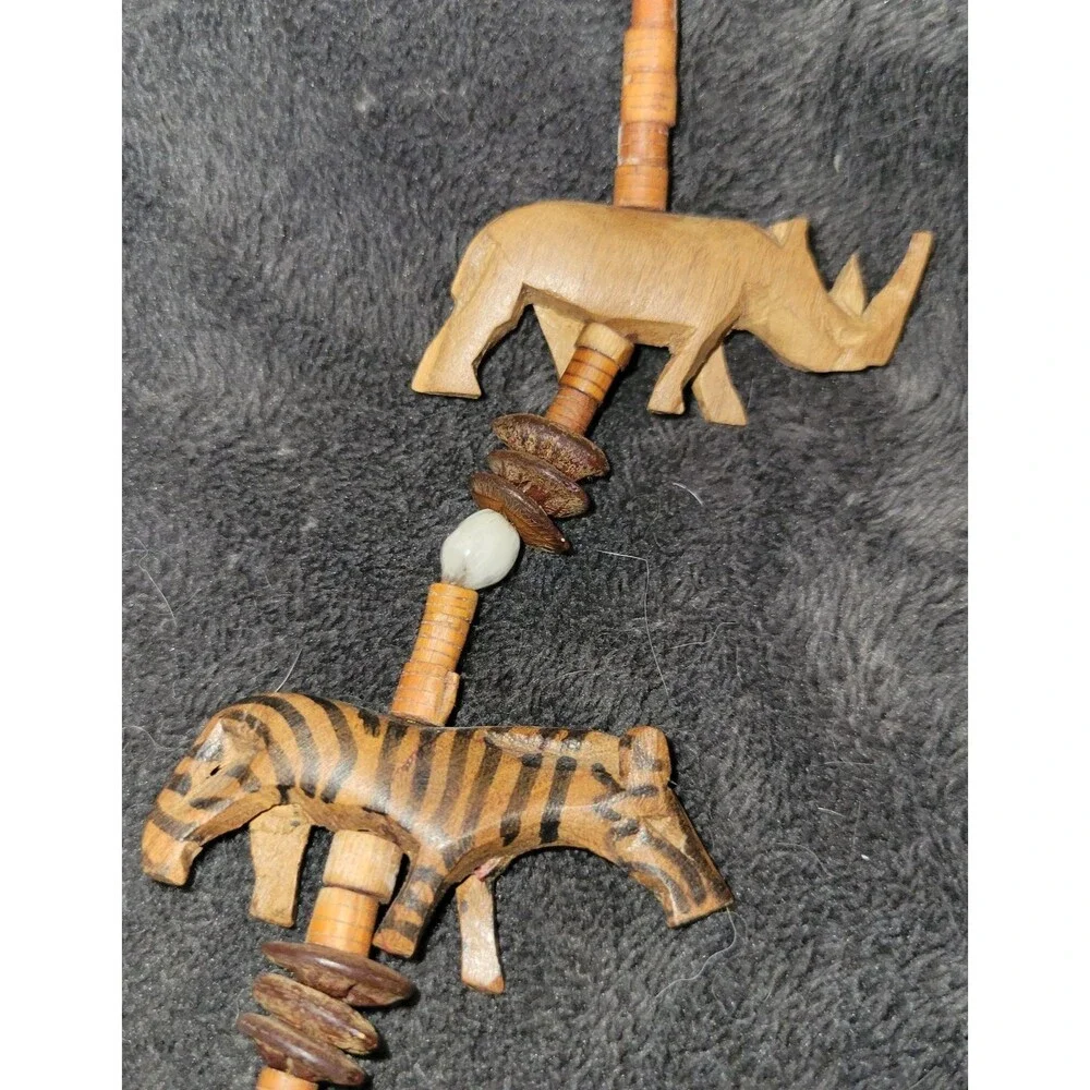 Vintage Hand Carved Wood African Safari Animal Jewelry Set Necklace & 3 Bangles